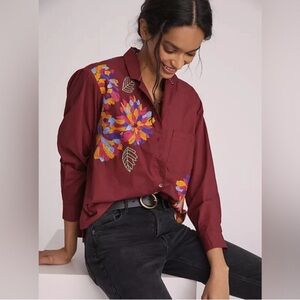 Maeve Burgundy Floral Embroidered Button Down Shirt